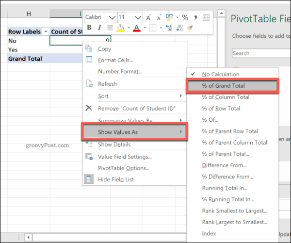 Menggunakan persentase total dalam tabel pivot Excel