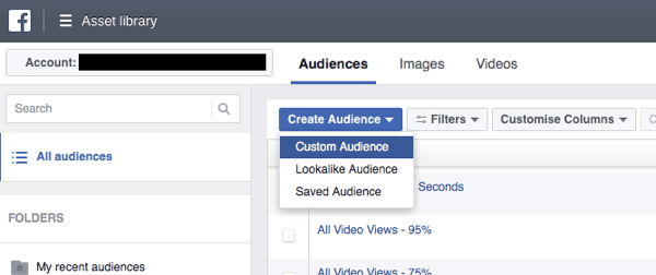 Di Facebook Ads Manager, klik Create Audience dan pilih Custom Audience dari daftar drop-down.