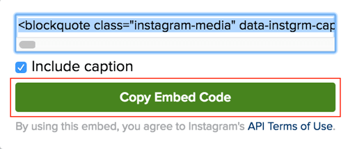 Klik tombol hijau untuk menyalin kode semat kiriman Instagram.