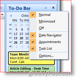 Bilah Agenda Outlook 2007 - Klik kanan untuk memilih opsi