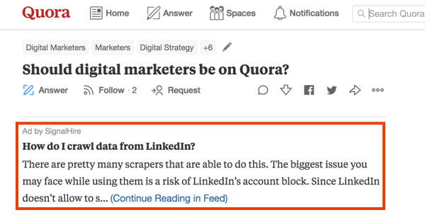 Contoh pemasaran di Quora dengan iklan berbayar.