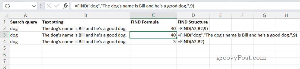 Contoh rumus TEMUKAN di Excel