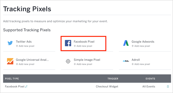 Di Eventbrite, klik Facebook Pixel dan masukkan ID piksel Anda dan detail lainnya.