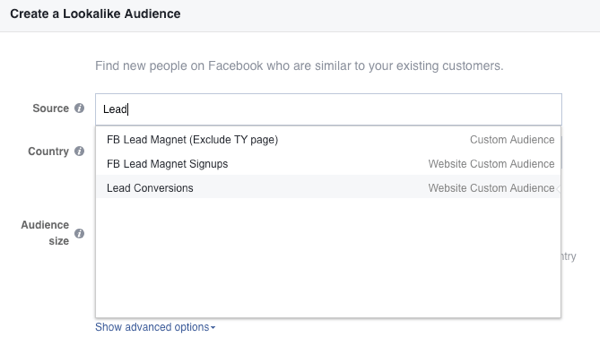 Di kolom Source, pilih custom audience situs Anda di Facebook.