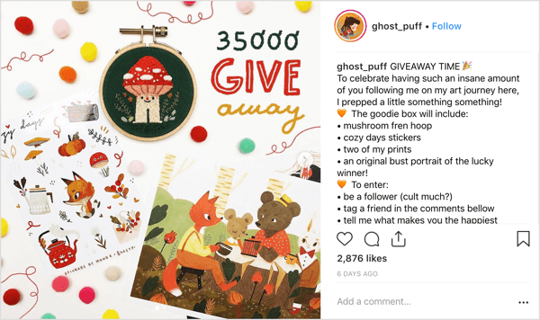 Artis ghost_puff menggunakan gaya posting yang ramah dan menyenangkan yang mengundang obrolan komunitas di Instagram.