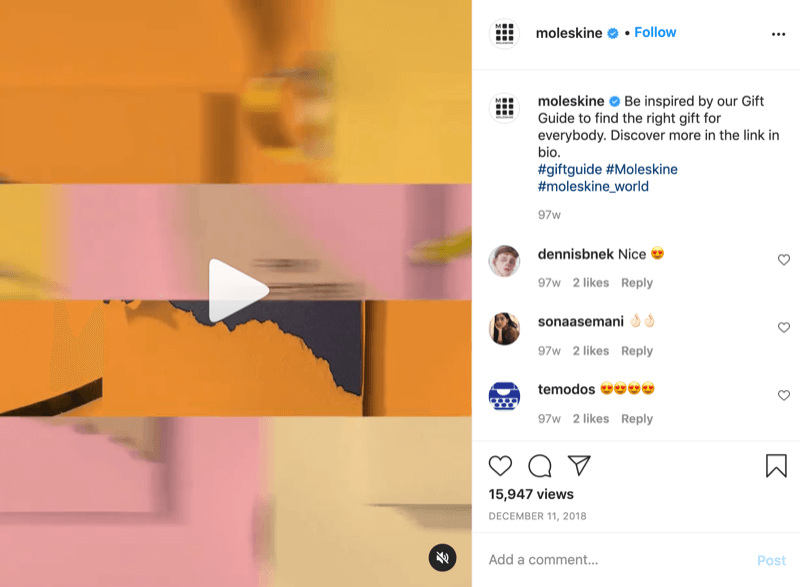 contoh postingan video ide hadiah instagram dari @moleskine dengan ajakan bertindak yang mengarahkan penonton ke link di bio untuk lebih banyak lagi