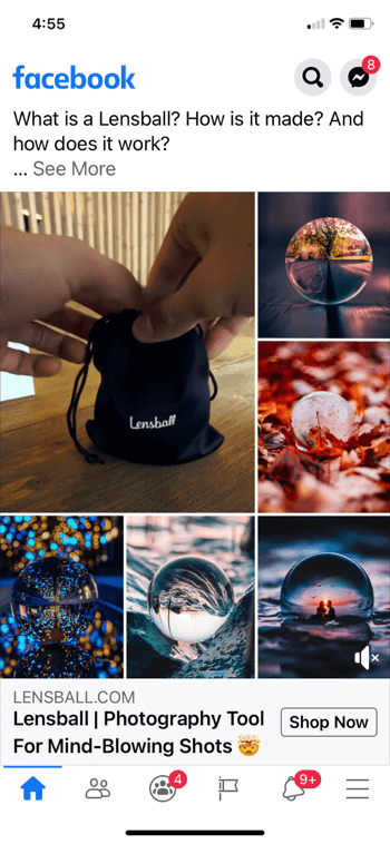 contoh kolase iklan facebook untuk lensball, menampilkan produk dalam tas serut hitam kecil beserta 5 contoh jepretan produk yang di pakai dalam gambar
