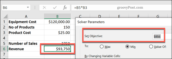 Setel Objective cell di Solver untuk Excel