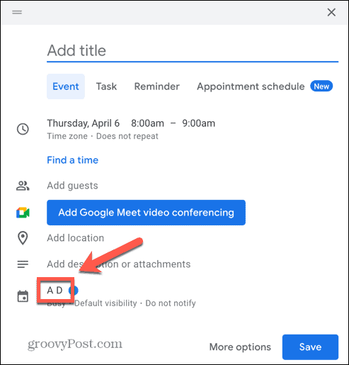 Tangkapan layar opsi kalender acara Kalender Google