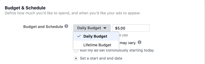 memilih Anggaran Seumur Hidup pada tingkat set iklan untuk kampanye Facebook pada hari penjualan kilat