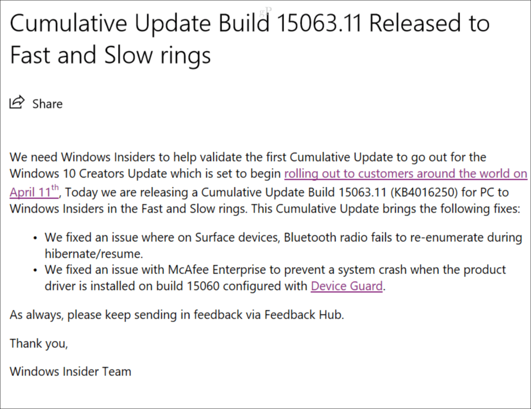 Pembaruan Kumulatif Pertama untuk Pembaruan Kreator Windows 10 Dirilis
