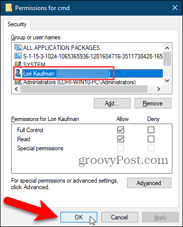 Tutup kotak dialog Izin di Windows Registry