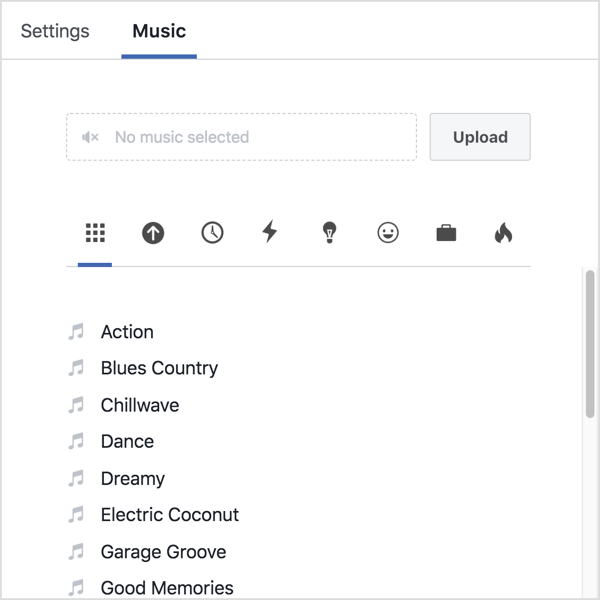 Klik tab Musik dan unggah audio Anda sendiri atau pilih trek dari perpustakaan Facebook.