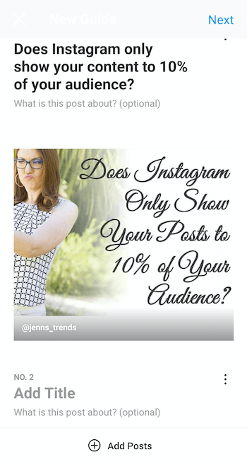contoh buat panduan instagram baru dengan posting yang dipilih dan judul 'apakah instagram hanya menampilkan Anda konten untuk 10% audiens Anda, serta opsi untuk menambahkan deskripsi panduan, dan tambahan posting