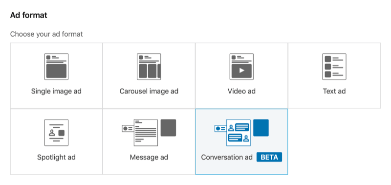 tangkapan layar Manajer Kampanye LinkedIn dengan format iklan percakapan dipilih