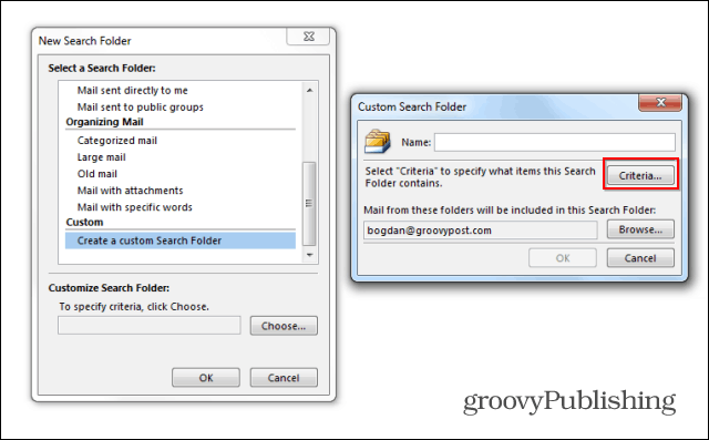 Folder pencarian Outlook 2013 tersuai