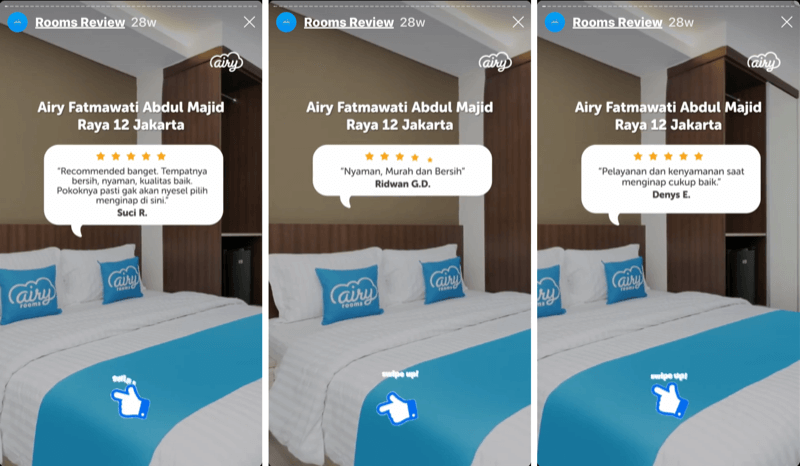 3 segmen Instagram Stories dengan testimoni pelanggan untuk AiryIndonesia