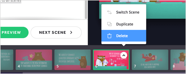 Klik tombol panah untuk adegan yang ingin Anda hapus dan pilih Hapus dari menu pop-up.