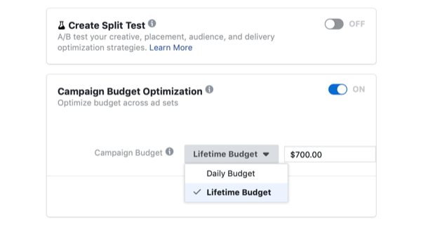 memilih Optimasi Anggaran Kampanye dan Anggaran Seumur Hidup untuk kampanye Facebook pada hari penjualan kilat