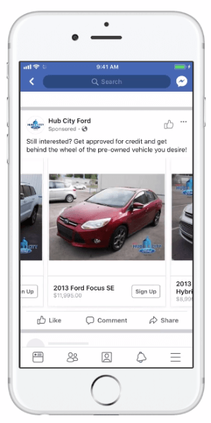 Facebook memperkenalkan iklan dinamis yang memungkinkan perusahaan otomotif menggunakan katalog kendaraan mereka untuk meningkatkan relevansi iklan mereka.