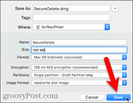 Klik Simpan untuk membuat gambar disk terenkripsi