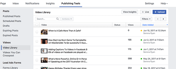 Perpustakaan video Facebook Anda menyimpan semua video Anda yang diterbitkan dan tidak diterbitkan. Video dengan titik kuning tidak dipublikasikan dan video dengan titik hijau tidak dipublikasikan.