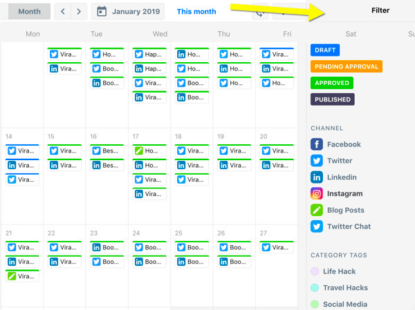 Bagaimana mengatur tugas pemasaran media sosial, ikhtisar kalender ContentCal dengan filter