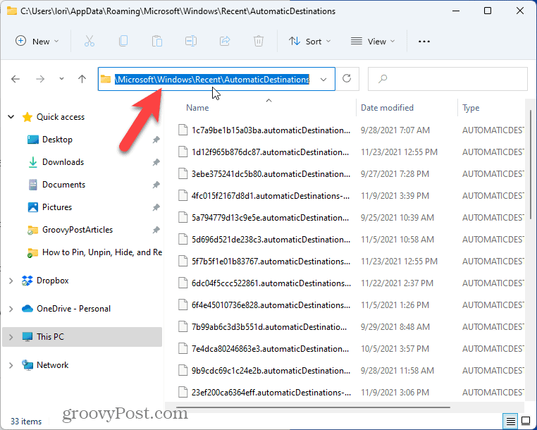 Buka folder AutomaticDestination di File Explorer