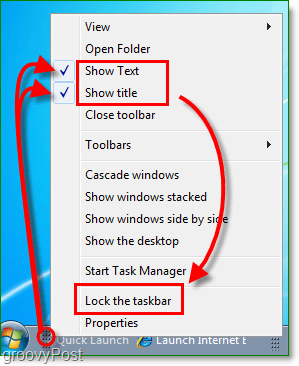 nonaktifkan teks quicklaunch dan judul di windows 7, kunci taskbar