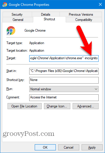 Tambahkan -incognito ke pintasan Chrome Desktop