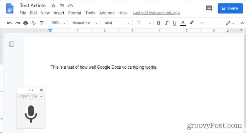 mengaktifkan pengetikan suara Google Docs