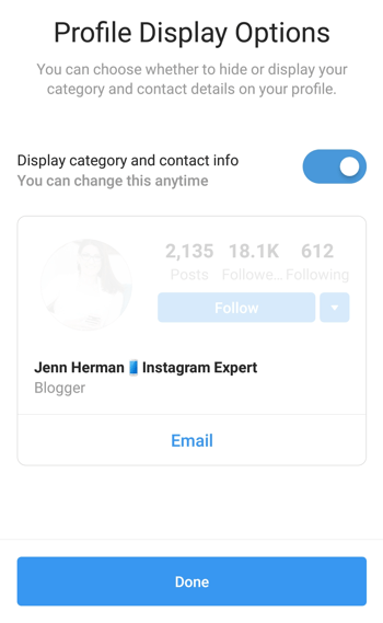 Pemilihan dan tampilan Kategori Profil Pembuat Instagram.