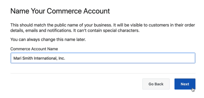 opsi kotak dialog untuk memberi nama akun perdagangan facebook Anda