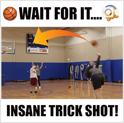Gambar thumbnail posting video Instagram memiliki bilah putih dan teks hitam di atas dan di bawah gambar seorang pria kulit putih yang melakukan tembakan trik dengan bola basket di gym. Teks di atas memiliki emoji bola basket dan teks Tunggu. Teks di bawahnya bertuliskan Insane Trick Shot!