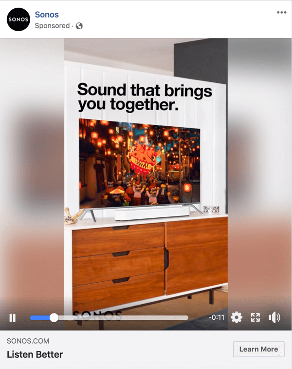 Contoh iklan Video Facebook oleh Sonos.