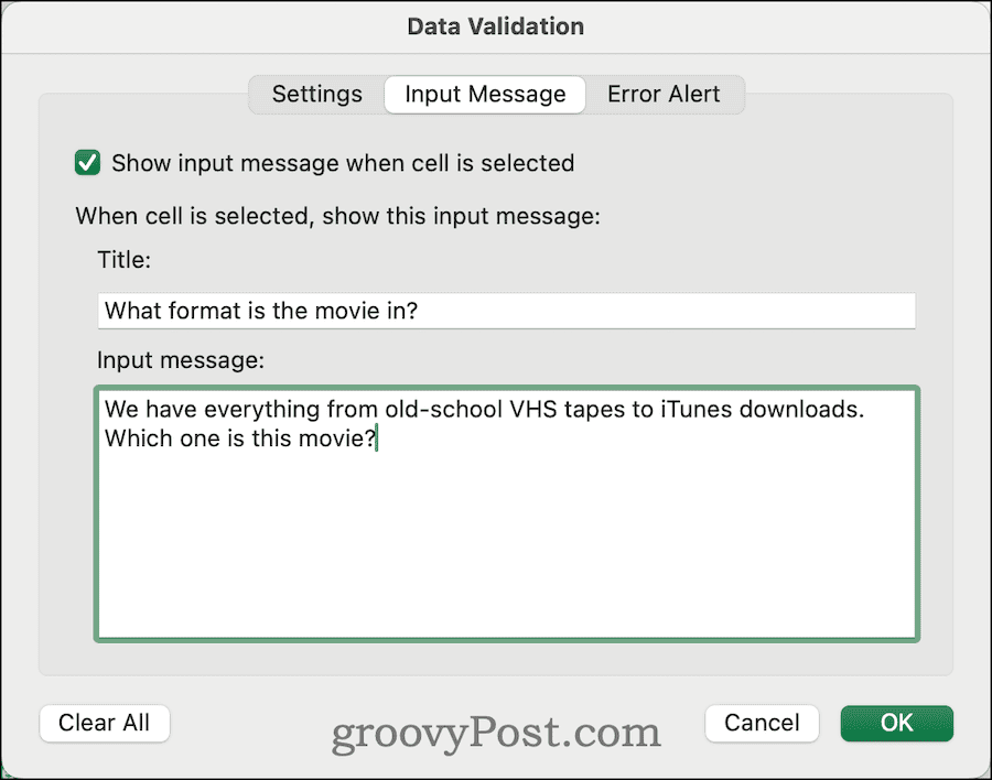memasukkan pesan input khusus dalam validasi data