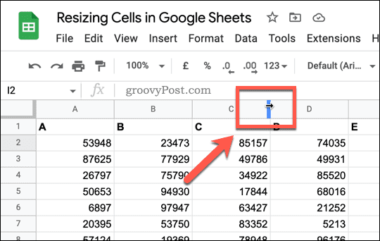 Kursor kolom atau baris ubah ukuran di Google Spreadsheet