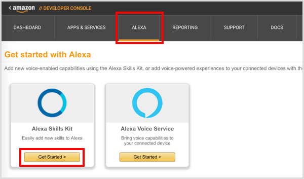 Klik tombol Memulai di bawah Alexa Skills Kit.