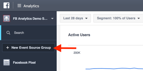 Buat grup sumber acara dari dasbor Facebook Analytics Anda.