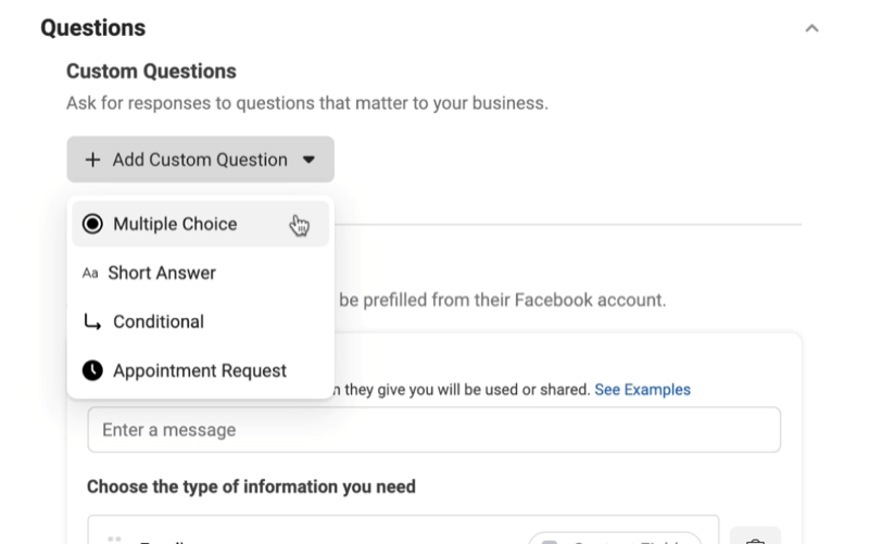 iklan utama facebook membuat opsi formulir prospek baru untuk menambahkan menu pertanyaan khusus dengan opsi untuk pilihan ganda, jawaban singkat, bersyarat, atau permintaan janji temu