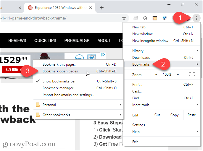 Pilih Bookmark buka halaman dari menu Chrome