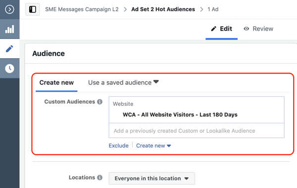 Cara mengonversi pengunjung situs web dengan iklan Facebook Messenger, langkah 2, buat audiens khusus situs web