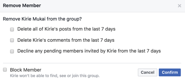 Anda dapat menghapus kiriman, komentar, dan undangan anggota ketika Anda menghapusnya dari grup Facebook Anda.