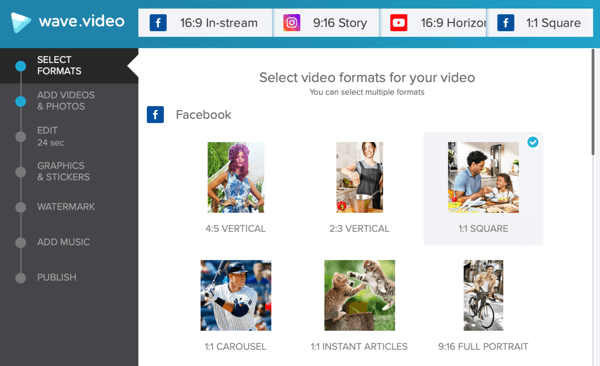 Kembangkan strategi video sosial, buat video dengan Wave.video, opsi templat facebook.