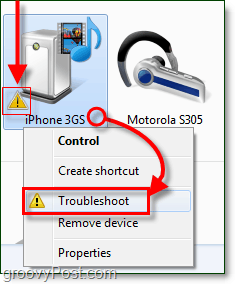 klik kanan perangkat bluetooth Anda dan klik troubleshooting, perhatikan ikon troubleshooting yang diwakili oleh tanda seru oranye