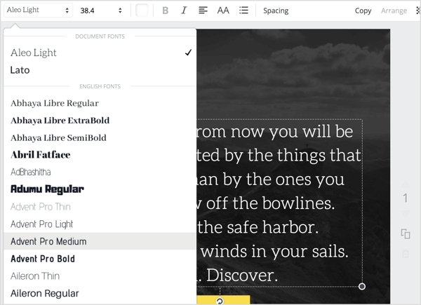 Klik menu pop-up font di bagian atas editor Canva, lalu pilih font lain. 