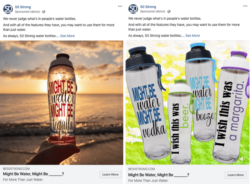 dua iklan Facebook dengan gambar berbeda untuk diuji dengan eksperimen Facebook