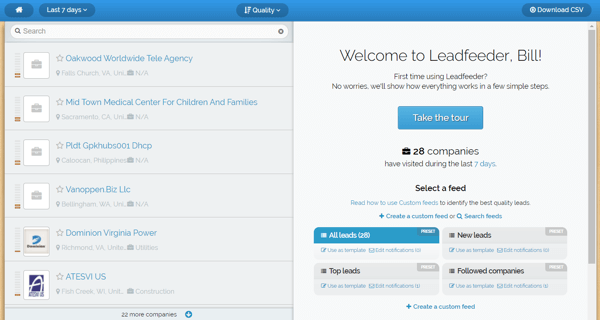 Leadfeeder menawarkan uji coba gratis dan Anda akan melihat layar ini setelah Anda mendaftar.