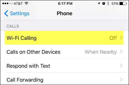 Panggilan WiFi pada Menu Pengaturan iPhone