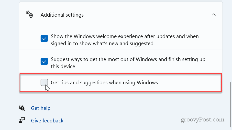 Nonaktifkan Pemberitahuan Tip dan Saran Windows 11